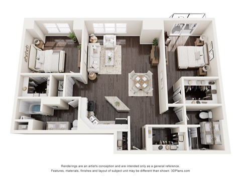 Floor plan for 2 beds, 2 baths, 1367 sqft